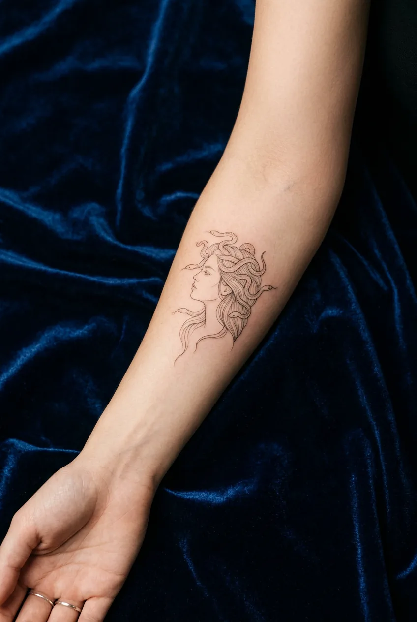 Minimalist single-needle Medusa silhouette tattoo on woman's inner forearm against deep sapphire blue velvet background