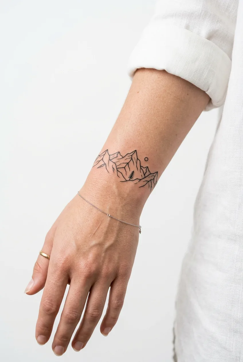 Minimalist mountain range tattoo wrapping around woman's wrist with simple geometric lines