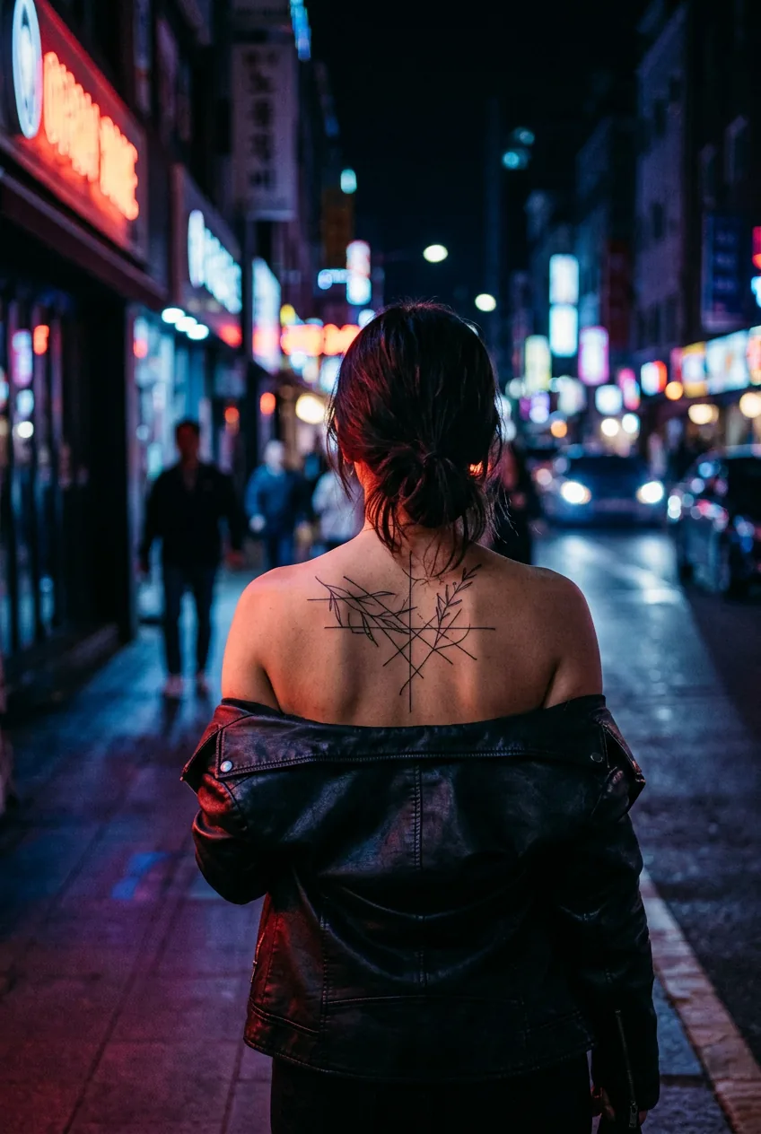 Minimalist line tattoo design across woman's shoulder blades photographed with cinematic urban night lighting