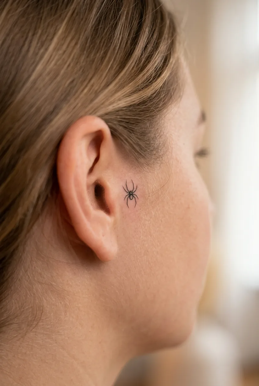 Tiny minimalist spider tattoo placed behind a woman's ear with clean micro-scale linework under warm studio light