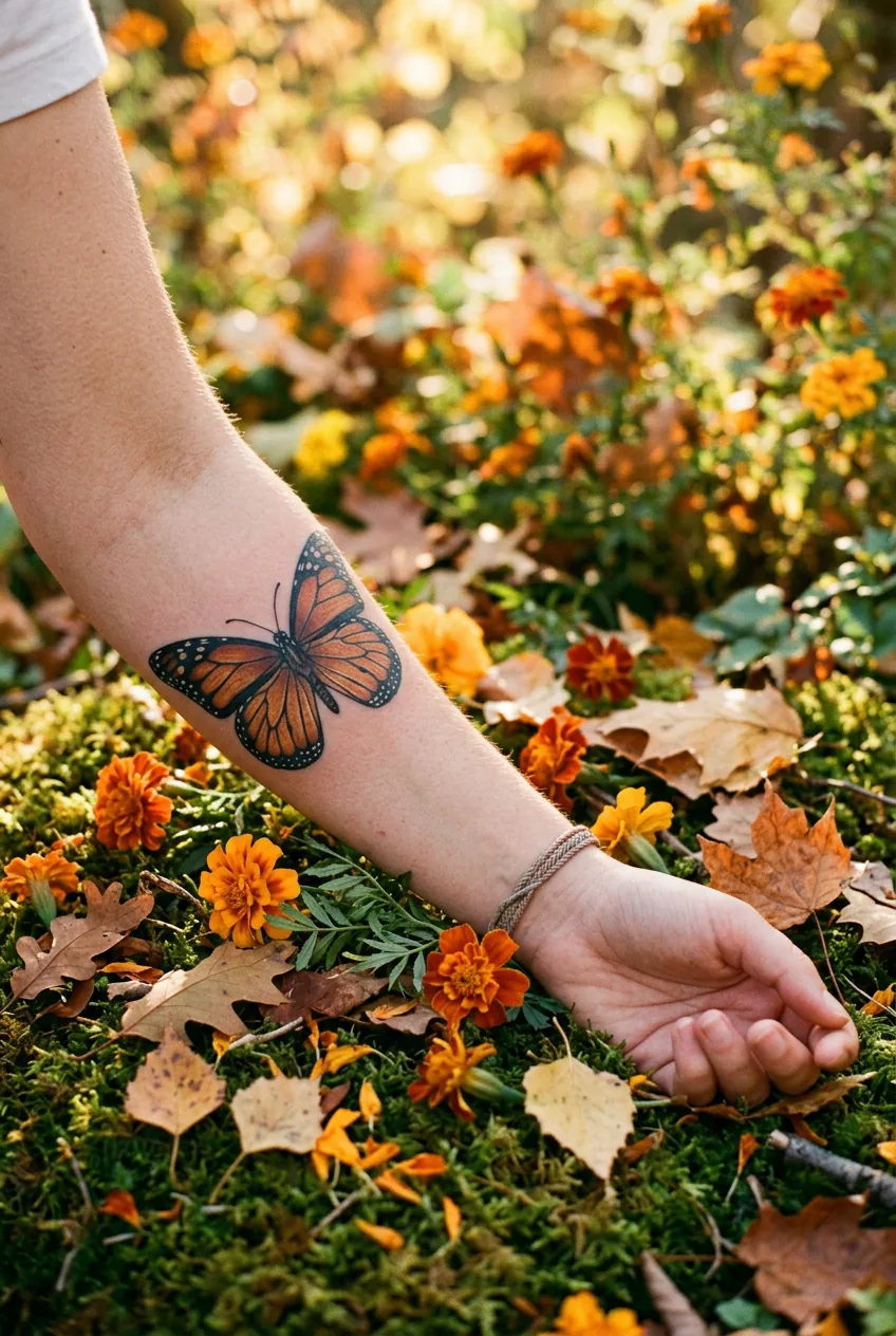 Close-up of a woman's forearm showing a detailed Monarch butterfly tattoo in amber and black beside fresh marigolds