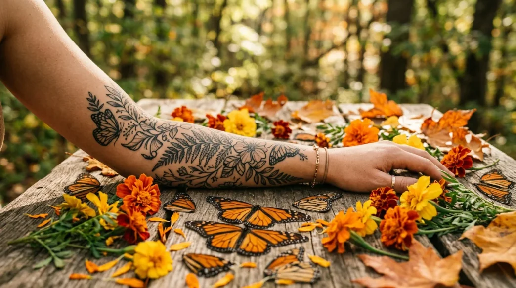 Woman's forearm with Monarch butterfly tattoo surrounded by marigolds and amber leaves in warm garden light