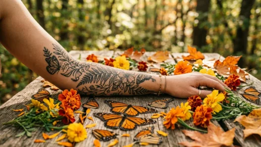 Woman's forearm with Monarch butterfly tattoo surrounded by marigolds and amber leaves in warm garden light