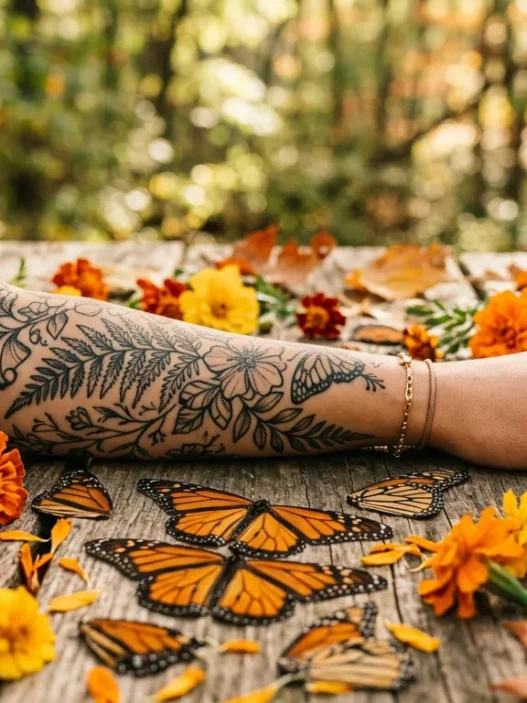 Woman's forearm with Monarch butterfly tattoo surrounded by marigolds and amber leaves in warm garden light
