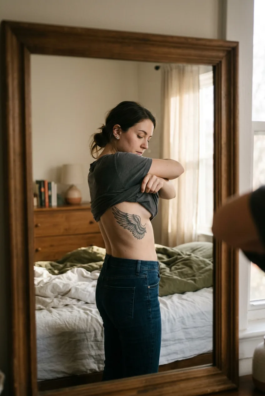 Mirror reflection showing woman getting dressed with Icarus wing tattoo visible on ribs in morning light