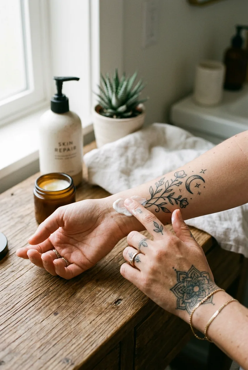 Close-up of tattooed hands applying moisturizer to wrist tattoo during morning skincare routine