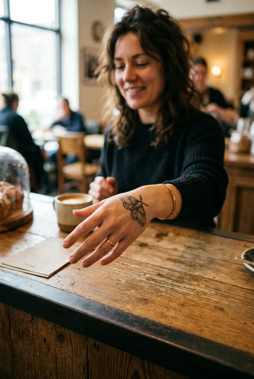 Close-up of a fine line moth tattoo on the back of a woman's left hand as she reaches toward a café counter