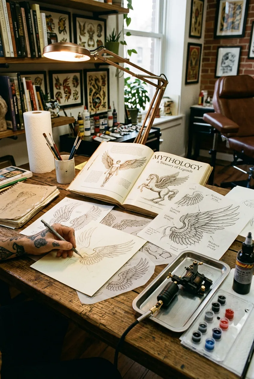 Tattoo artist workspace with mythology books open and wing sketches scattered around tattoo equipment on desk