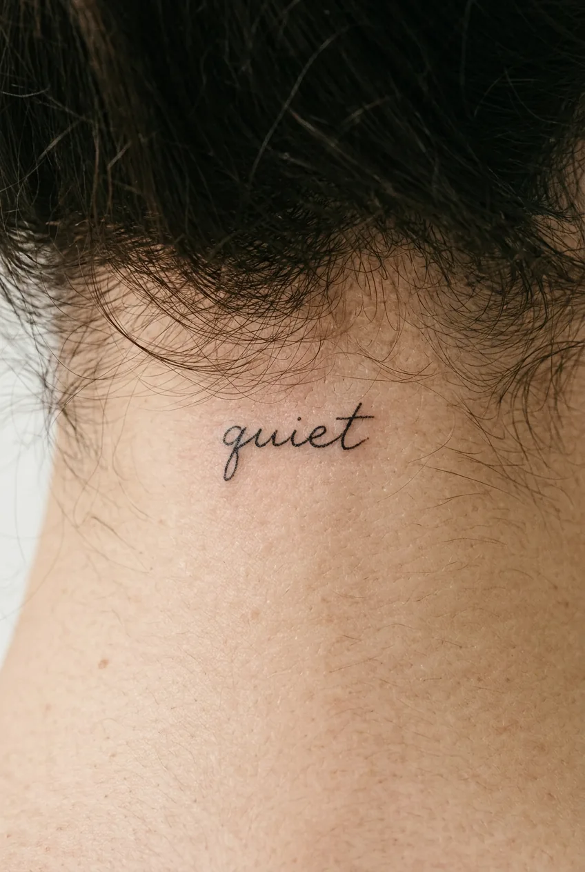 Woman's nape of neck showing tiny single word tattoo at hairline in barely visible script font
