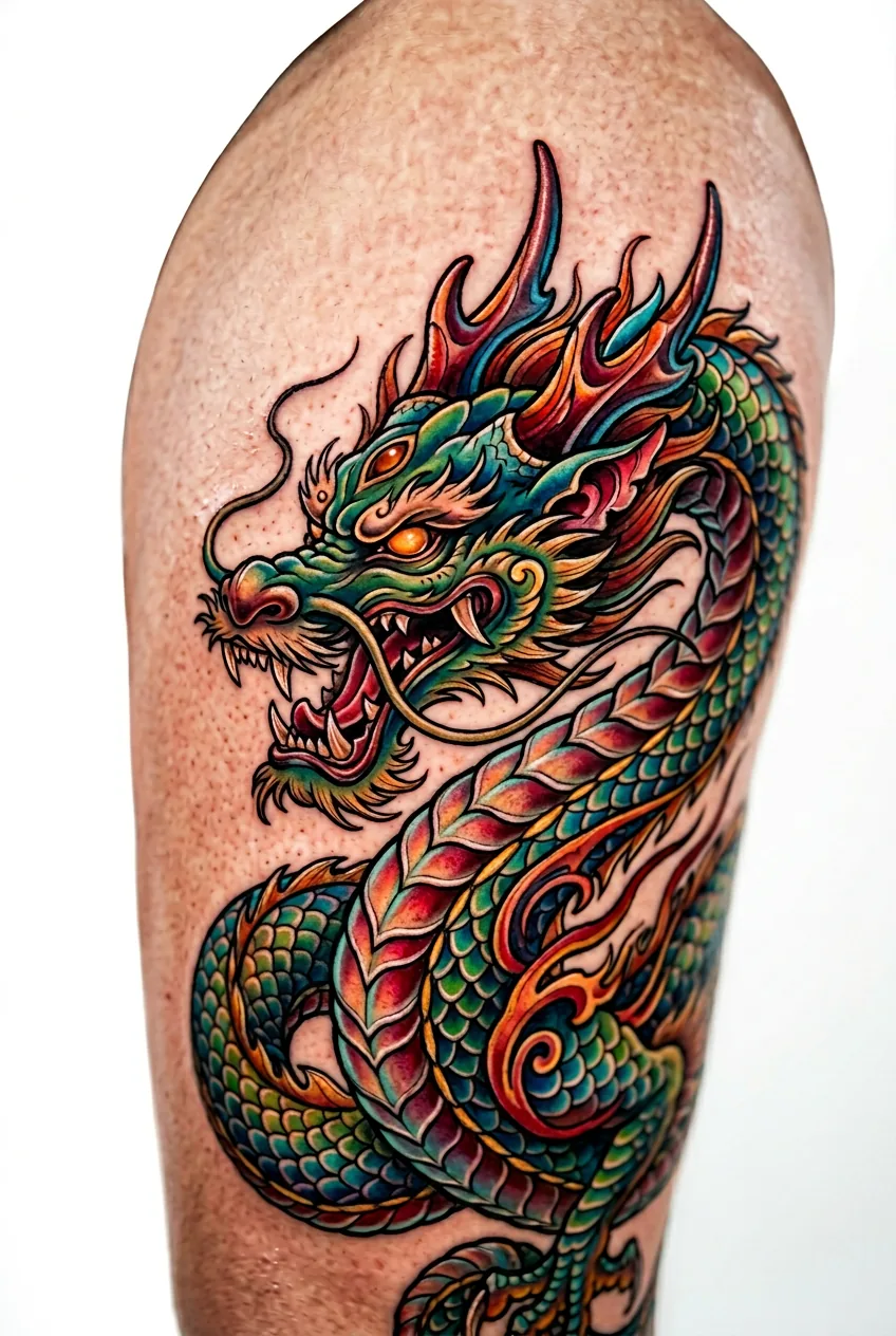 Neo-traditional dragon tattoo on thigh featuring dimensional shading and jewel-toned scales with intricate details
