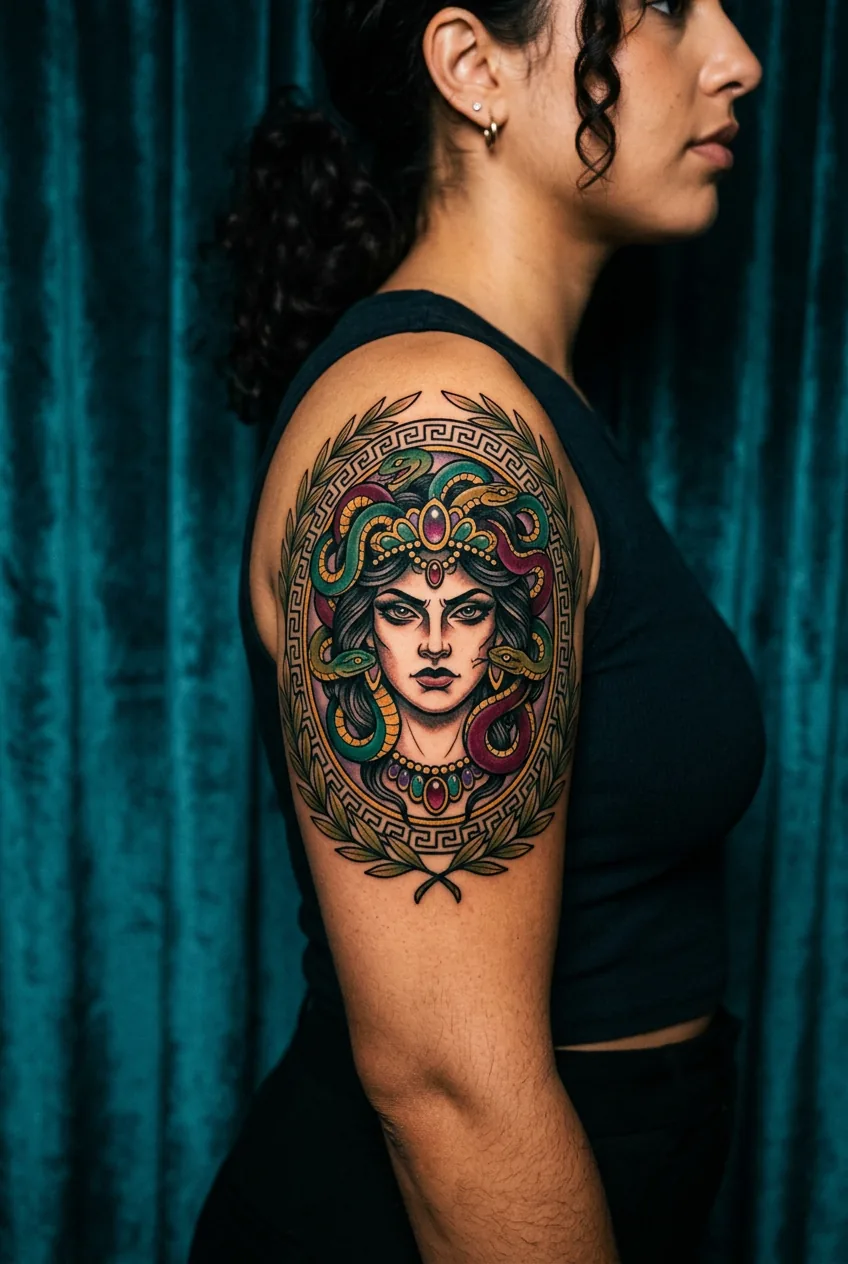 Neo-traditional Medusa portrait with ornamental laurel border and jewel-tone flat color fills on upper arm against teal velvet