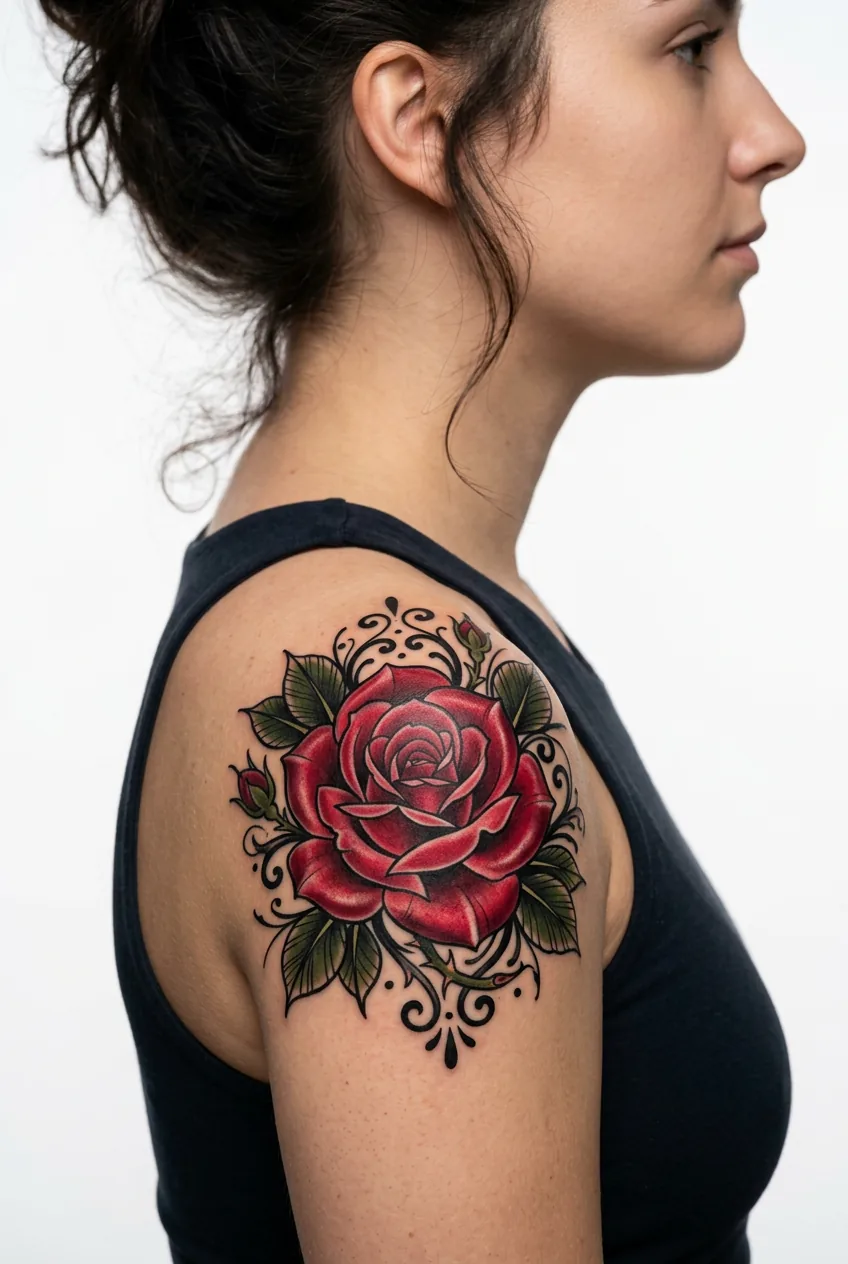 Woman with neo-traditional rose tattoo on shoulder featuring bold outlines and rich dimensional colors