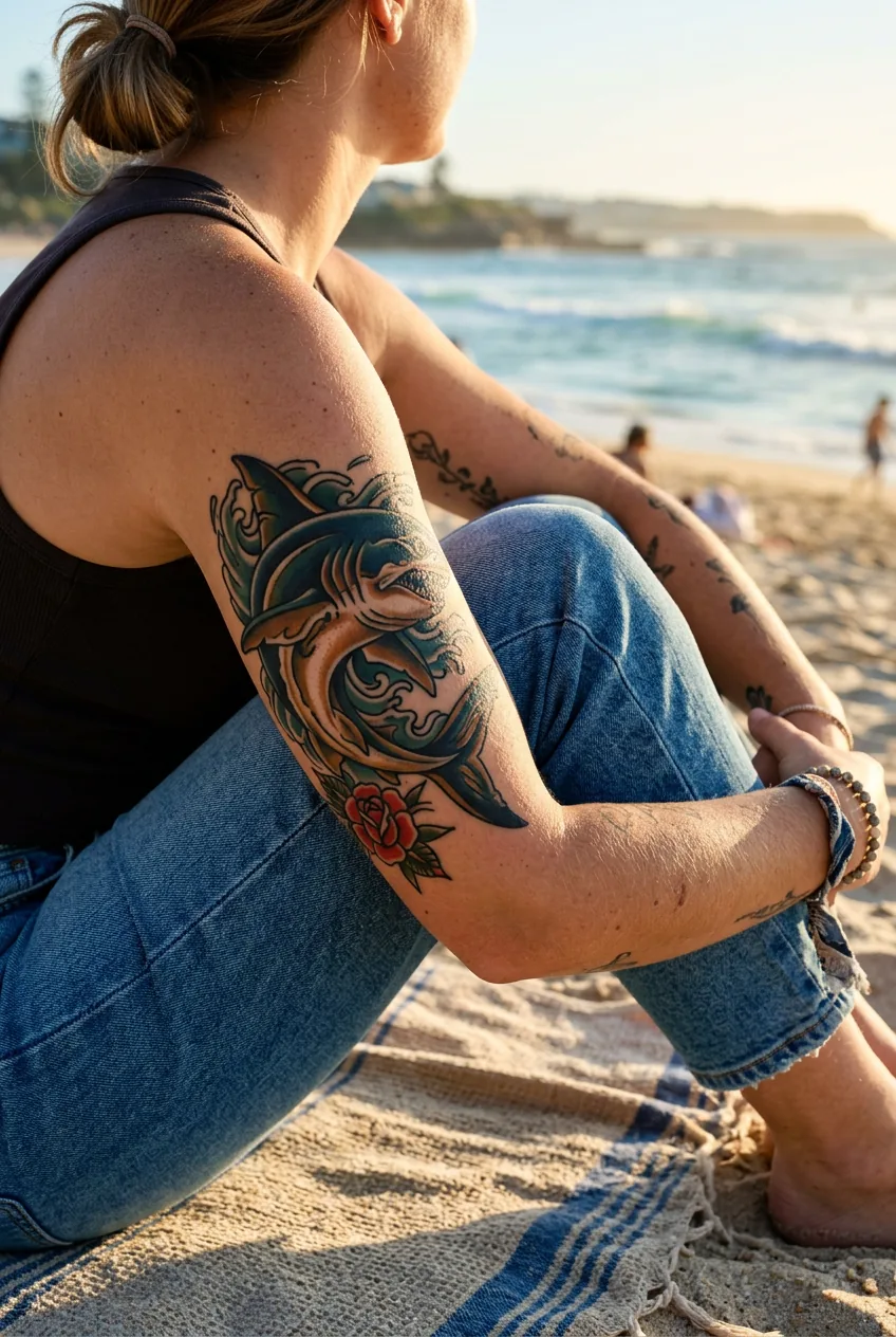 Woman's upper arm resting on knee at beach showing a neo-traditional shark tattoo in navy, green and amber with bold outlines and a rose