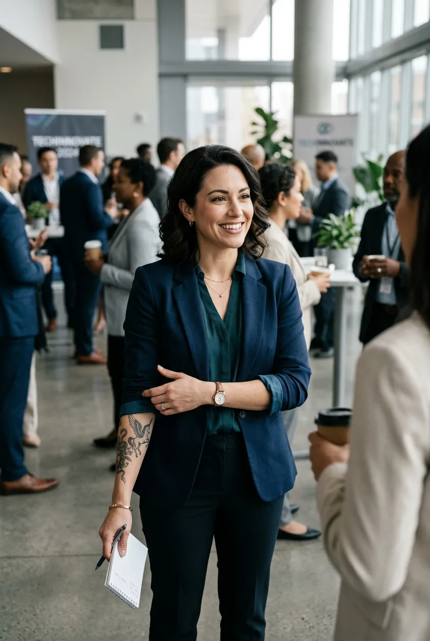 Woman at business networking event with small portion of mythology tattoo visible on arm during conversation