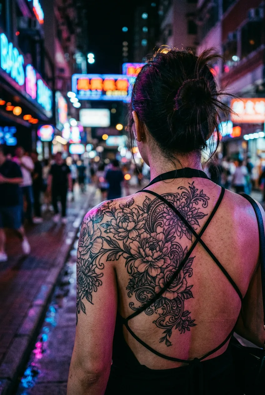 Ornate floral back tattoo covering shoulder blade area with vibrant neon colors reflecting on skin