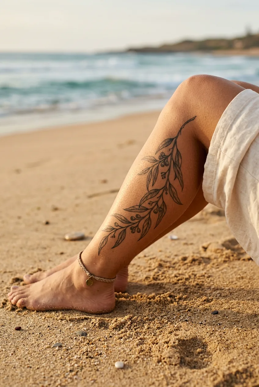 Close-up of a trailing eucalyptus stem tattoo along a woman's outer calf resting on warm golden beach sand in afternoon sun