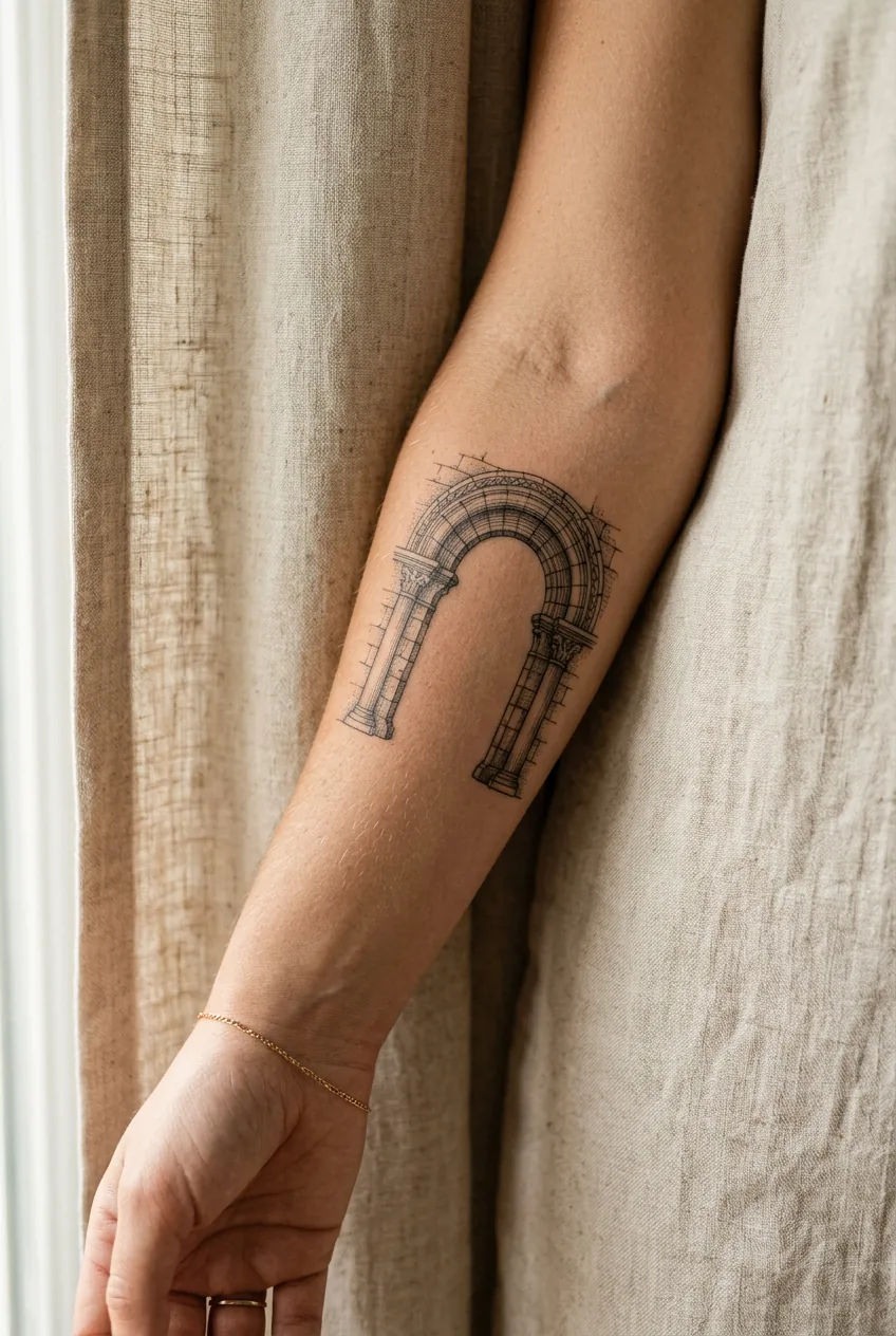 Woman's outer forearm showing a small architectural arch tattoo in engraving style with crosshatching texture detail