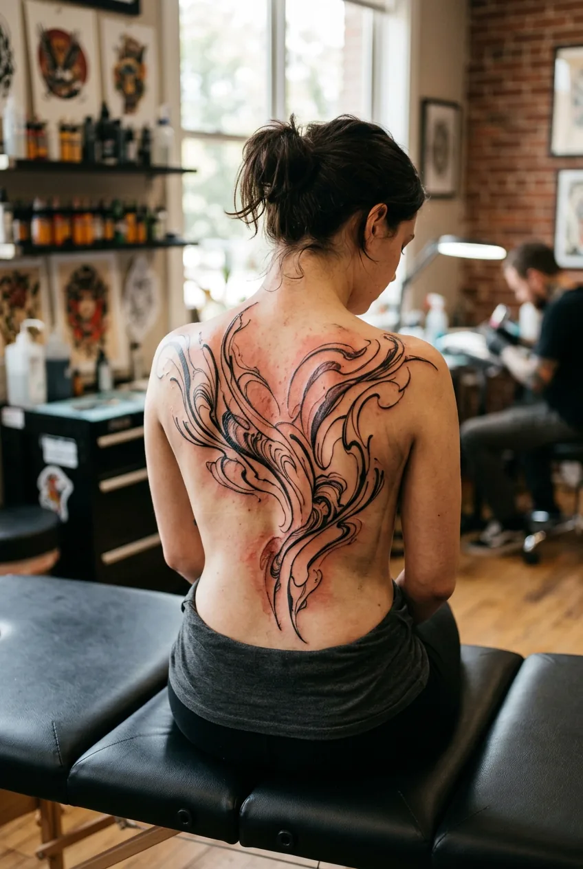 Partially completed abstract spine tattoo showing flowing brushstroke design from shoulder blades to mid-back with fresh ink