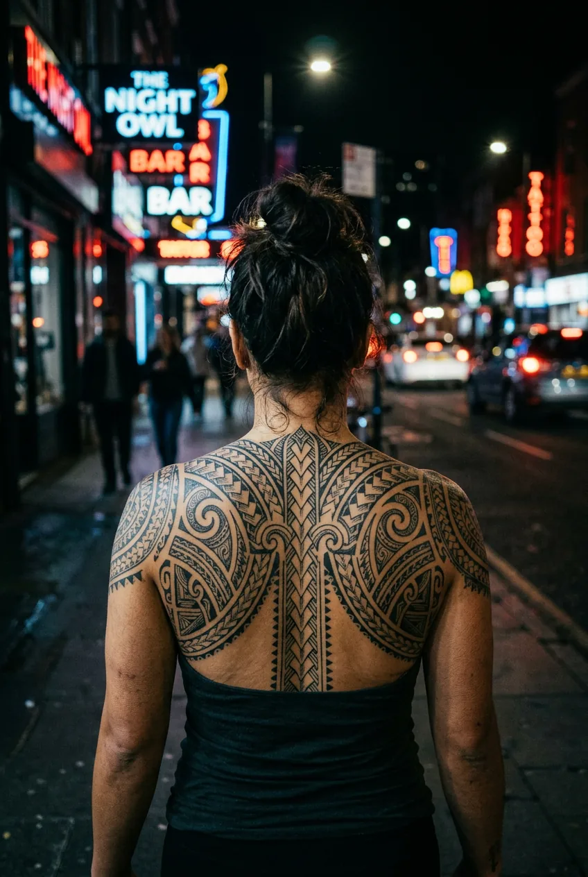 Traditional Polynesian-style geometric tattoo patterns covering woman's upper back and shoulders in dramatic night lighting
