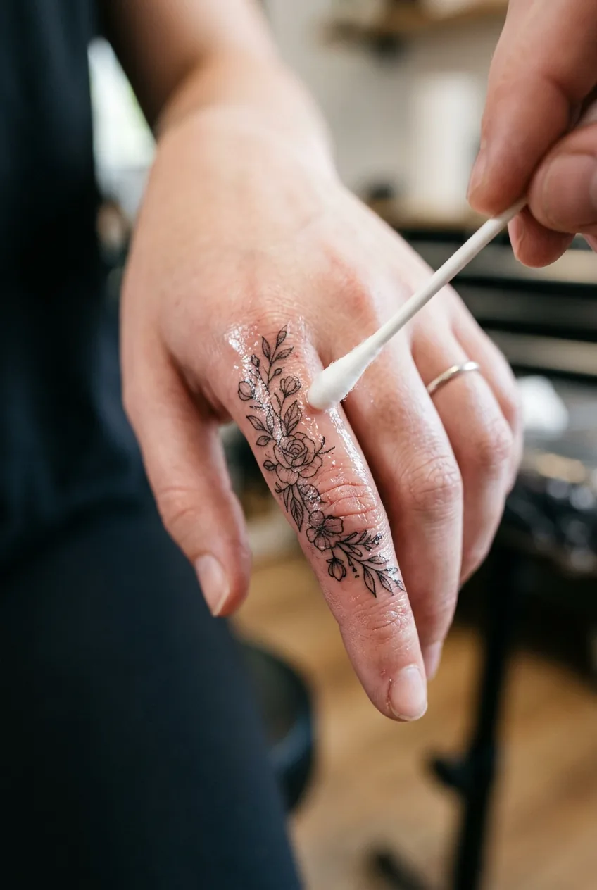 Artist applying healing balm with cotton swab to a freshly completed delicate fine-line finger tattoo
