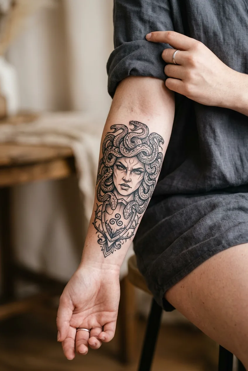 Powerful Medusa tattoo on woman's forearm featuring protective symbolism with intricate linework and dramatic contrast