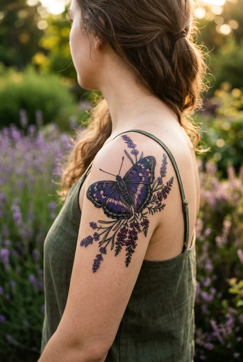 Woman's shoulder with a deep violet Purple Emperor butterfly tattoo surrounded by lavender and heather in golden light