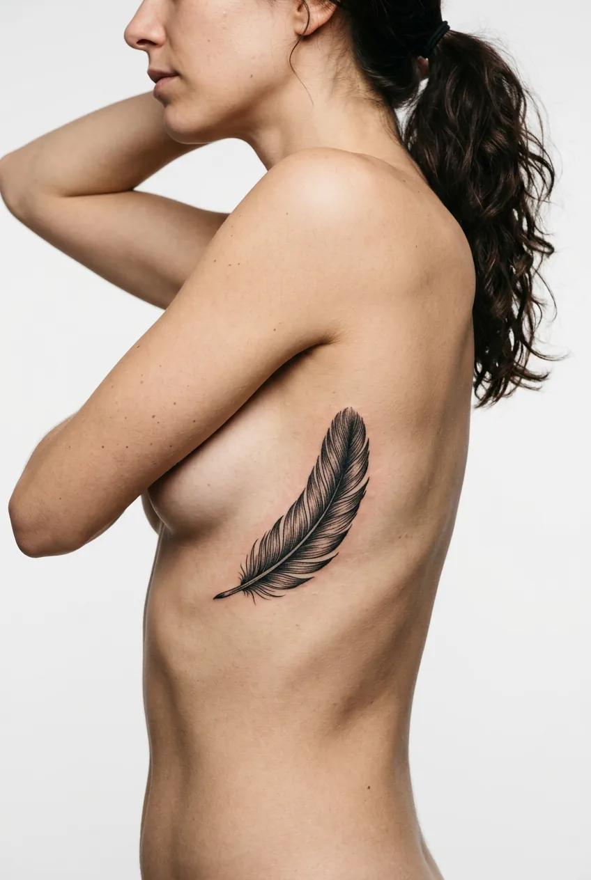 Woman's ribcage displaying delicate feather tattoo that would fit in palm with curved placement