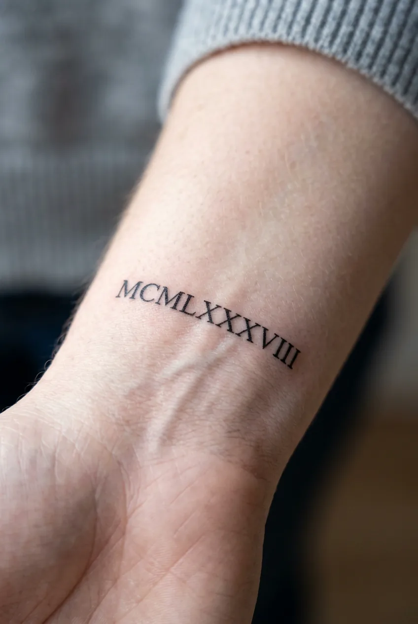 Tiny Roman numeral date tattoo on woman's inner wrist with clean fine ink strokes casting micro-shadows in studio light