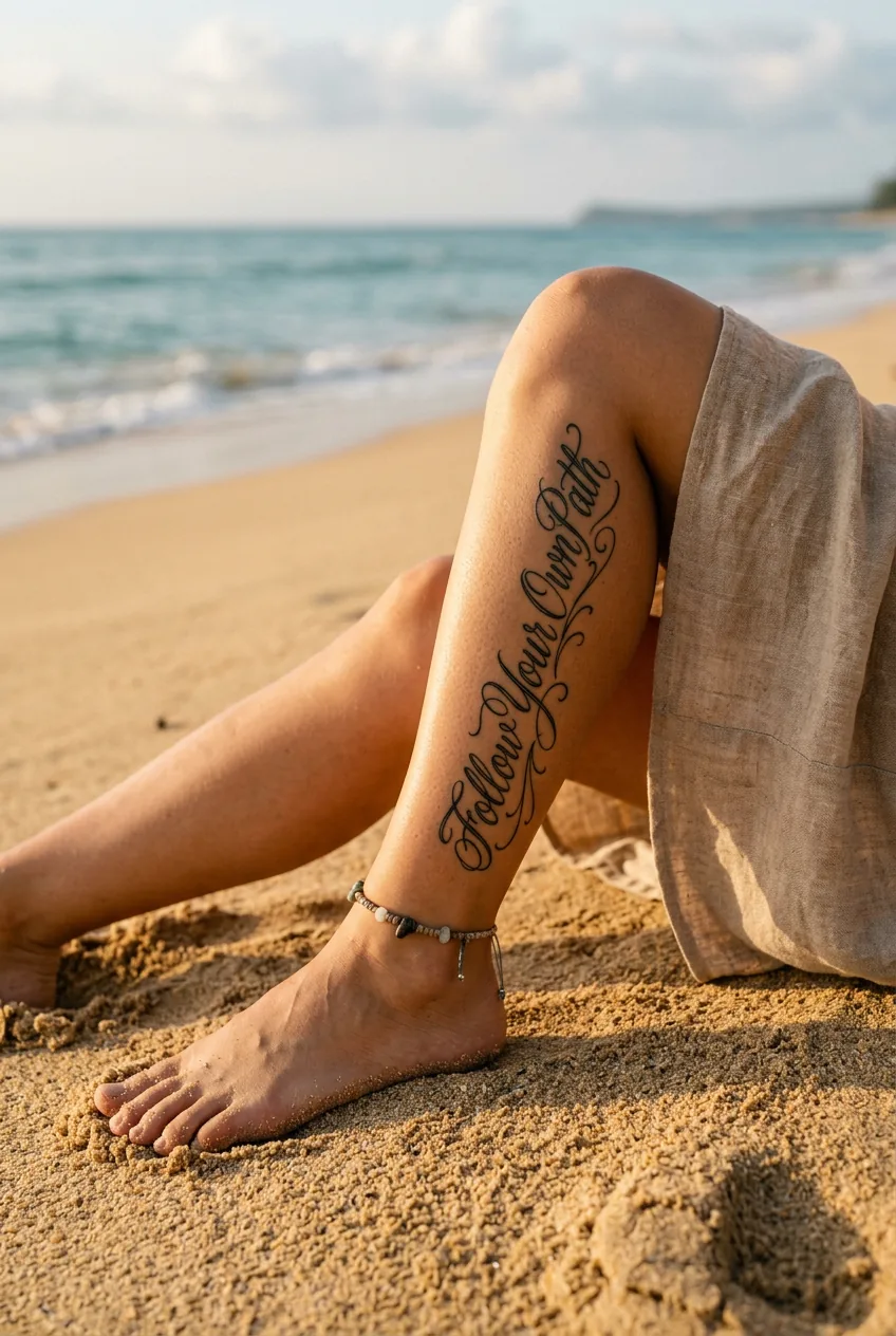 Elegant vertical script quote tattoo running down a woman's shin in coastal afternoon sunlight on golden sandy beach