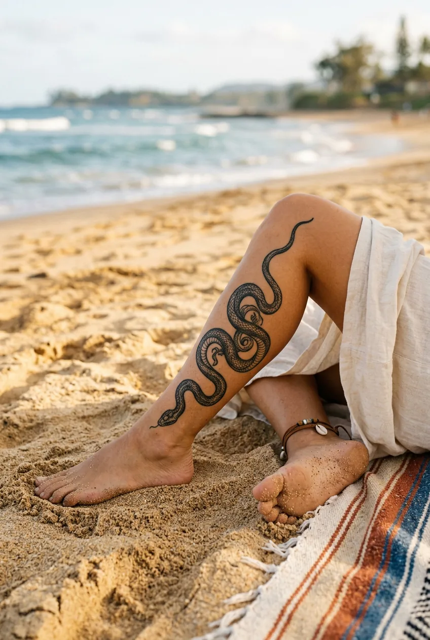 Sinuous serpent tattoo winding from ankle up the back of a woman's calf on warm golden beach sand in afternoon light