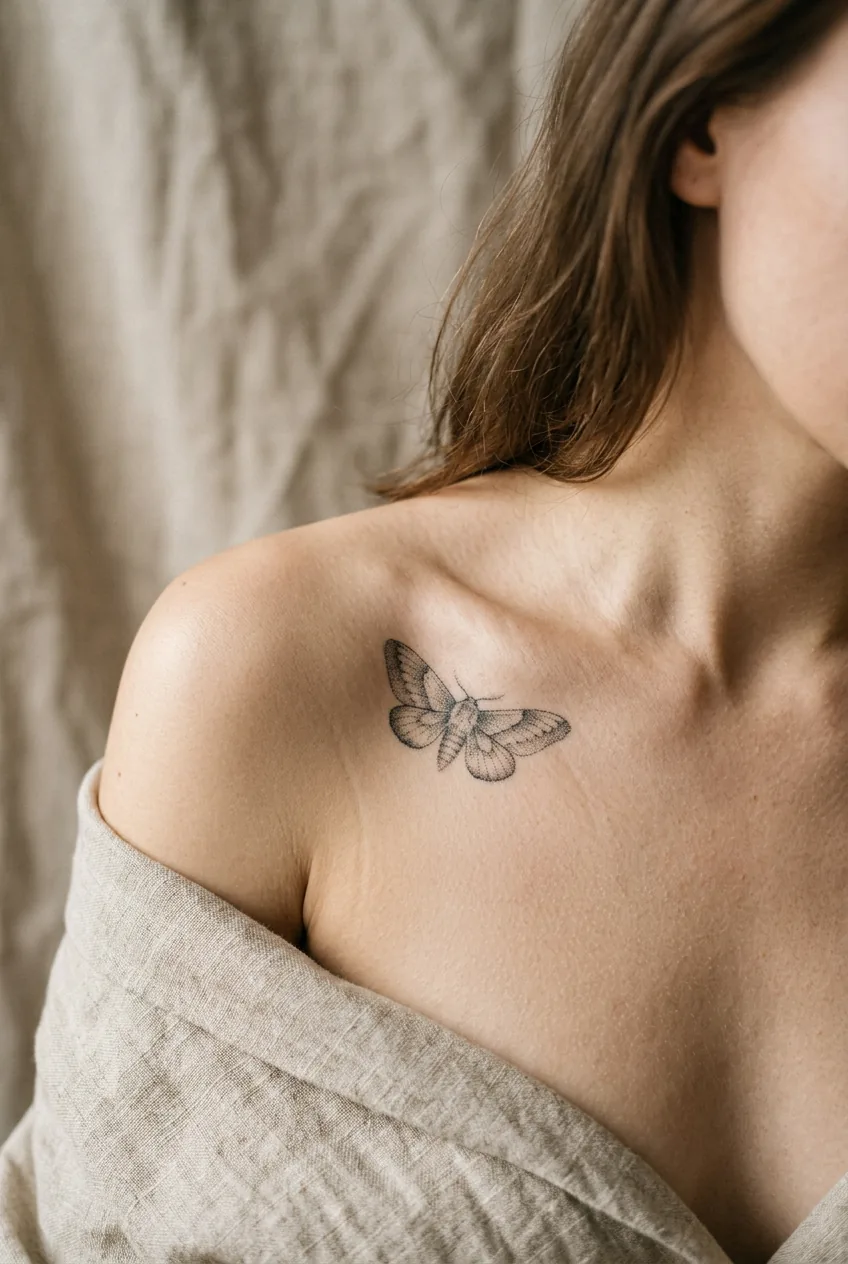 Woman's shoulder and collarbone area with a small dotwork moth tattoo showing powdery wing texture in warm light