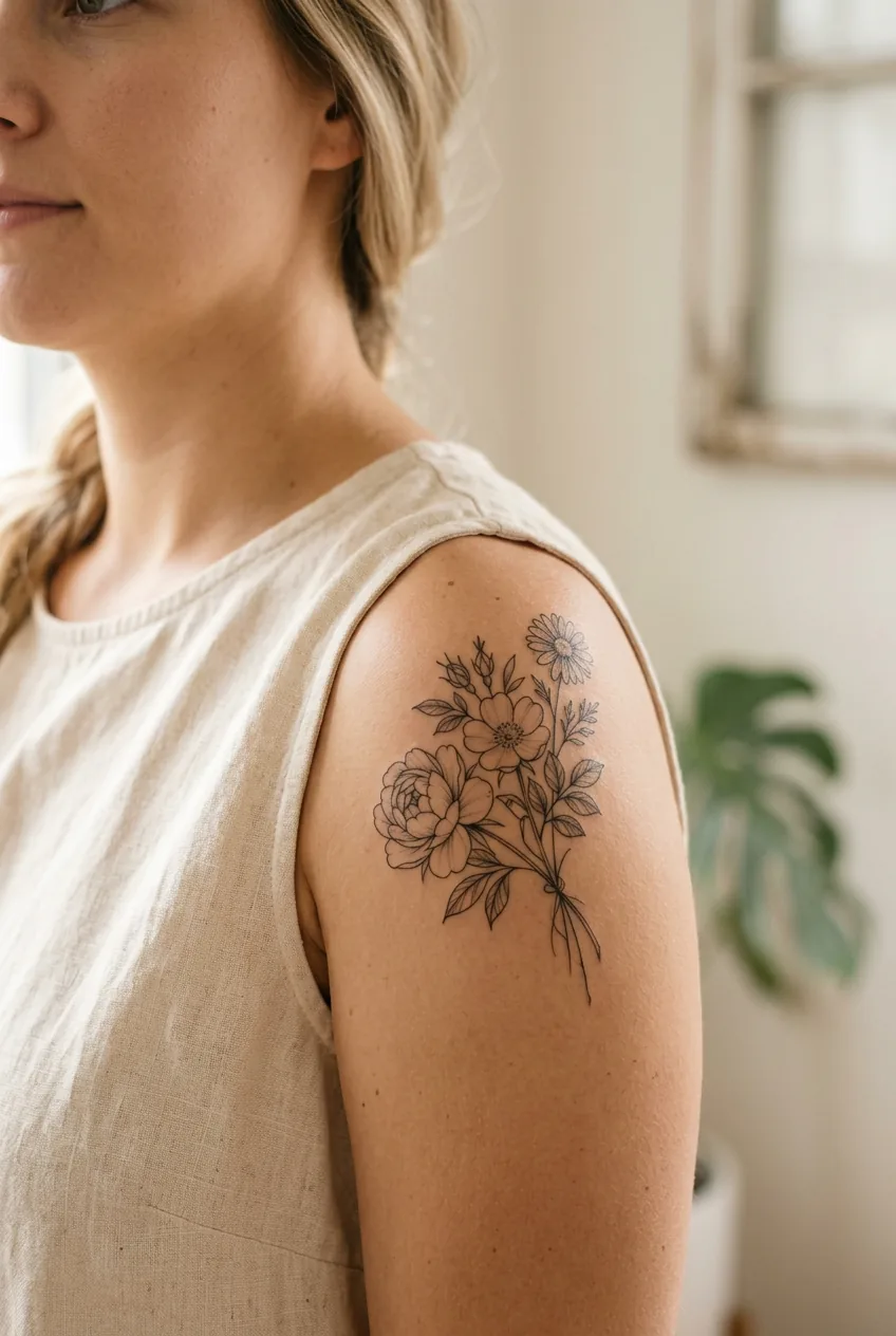 Woman's shoulder with a small fine-line floral cluster tattoo of three blooms in varying scale below the shoulder seam