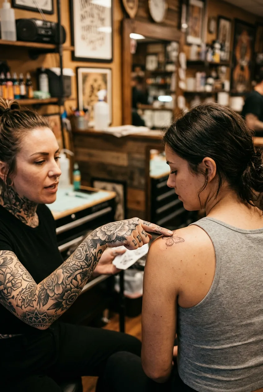 Woman pointing to shoulder placement area while discussing butterfly tattoo positioning with client