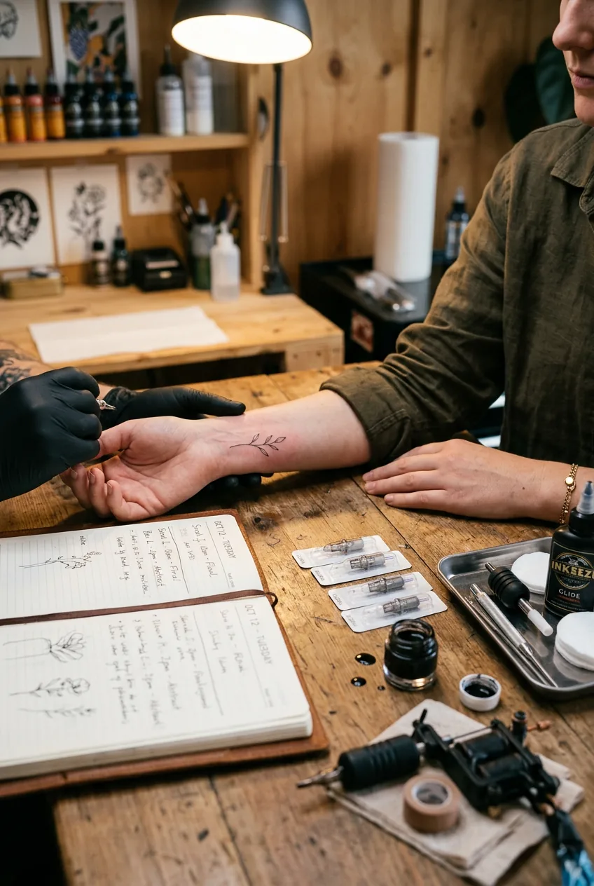 Tattoo artist's desk with appointment book, fine needle cartridges, and client's wrist showing a fresh simple minimalist tattoo in studio lighting