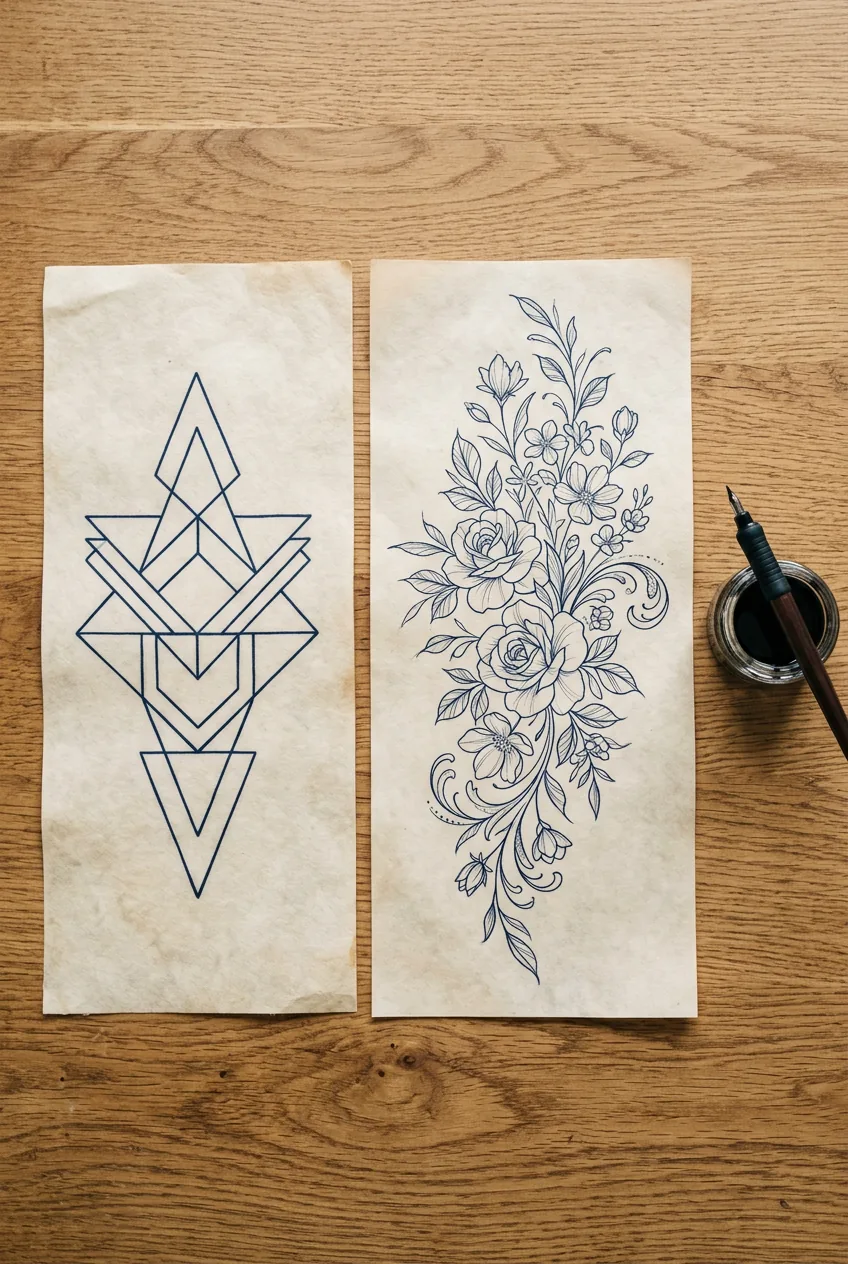 Overhead flat lay of two tattoo stencils side by side — one bold simple geometric design and one intricate floral elegant design beside ink pot