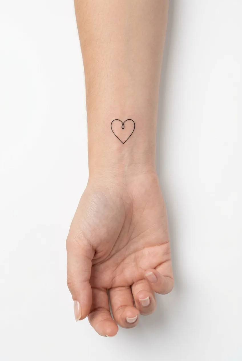 Single continuous line heart tattoo on woman's wrist showing minimalist line work design