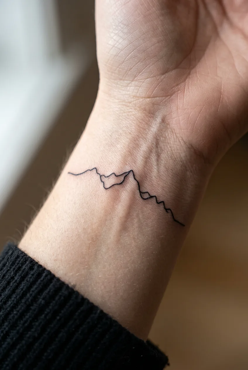Extreme macro of single continuous-line mountain range tattoo traveling across a woman's inner wrist skin texture