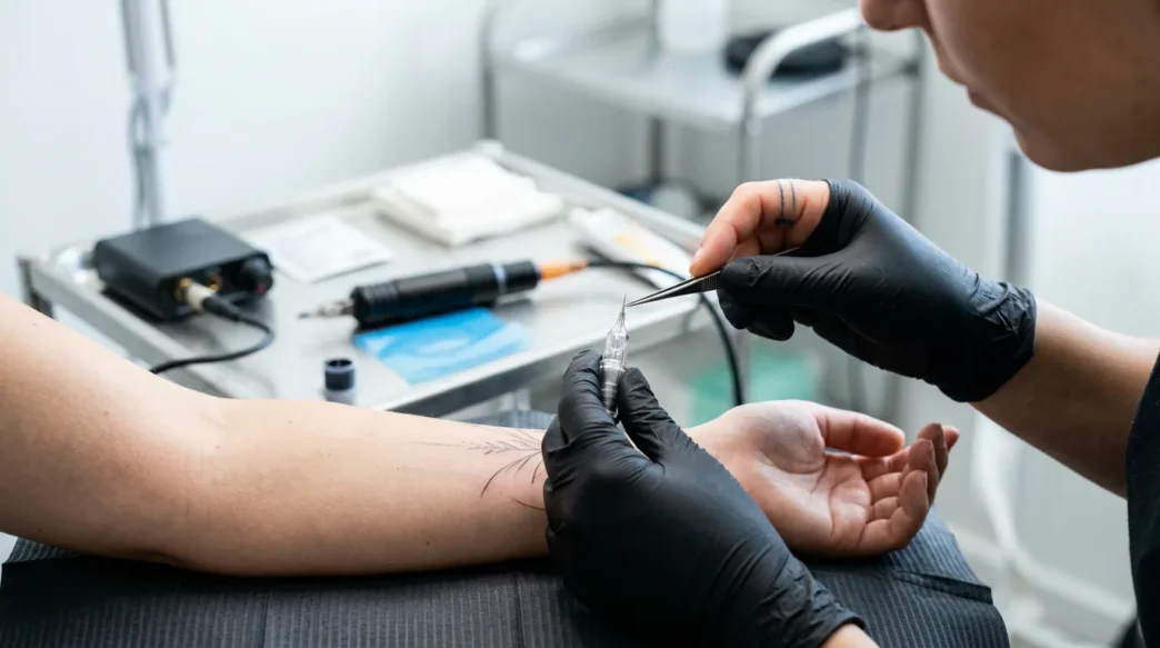 Tattoo artist preparing a single needle for fine-line work with machine resting on sterile tray in bright studio