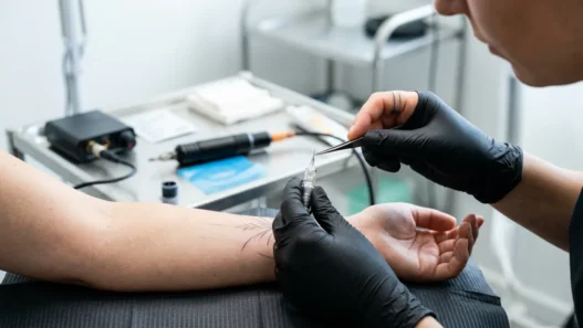 Tattoo artist preparing a single needle for fine-line work with machine resting on sterile tray in bright studio