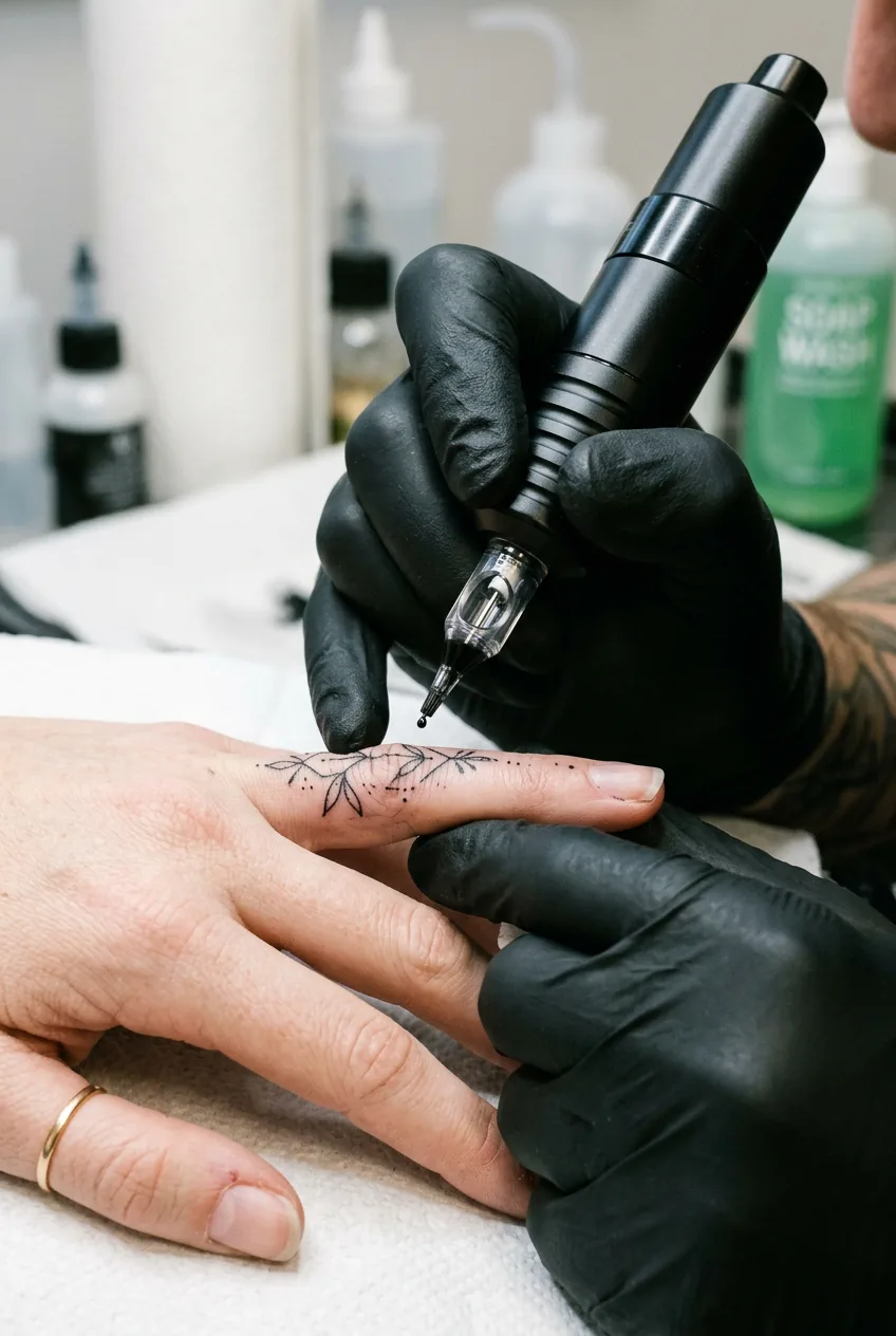 Extreme close-up of a single-needle tattoo machine held above a woman's ring finger in a bright studio