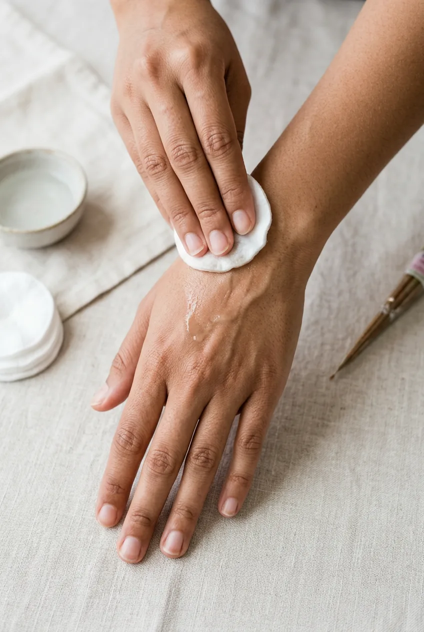 Woman's hand being wiped with a cotton pad in preparation for henna application in a clean studio setting