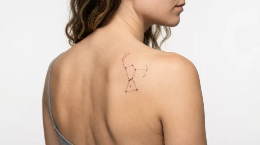 Small constellation tattoo no bigger than a quarter on woman's shoulder blade with fine dotwork detail
