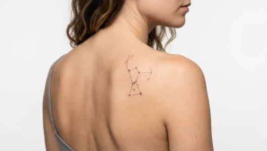 Small constellation tattoo no bigger than a quarter on woman's shoulder blade with fine dotwork detail