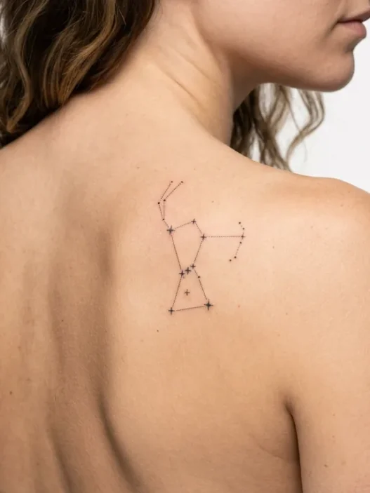 Small constellation tattoo no bigger than a quarter on woman's shoulder blade with fine dotwork detail