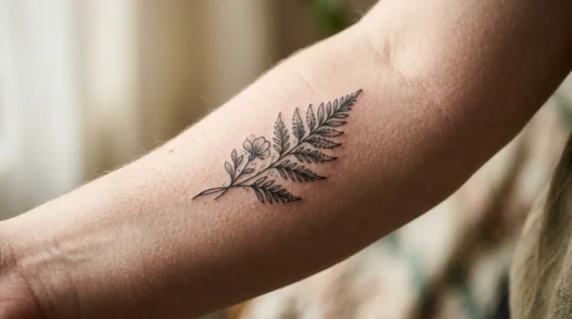 Extreme macro view of delicate botanical sprig tattoo on woman's inner forearm showing fine ink pigment in skin texture