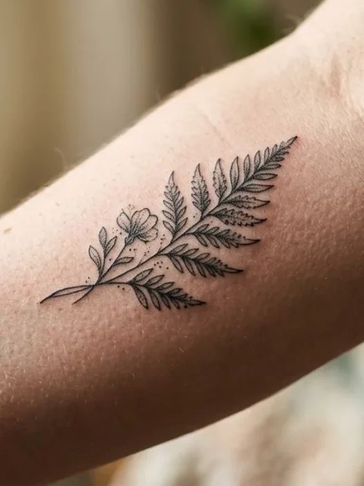 Extreme macro view of delicate botanical sprig tattoo on woman's inner forearm showing fine ink pigment in skin texture