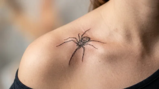 Woman's collarbone showing a delicate fine line spider tattoo with intricate leg linework under soft studio lighting