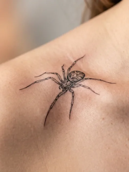 Woman's collarbone showing a delicate fine line spider tattoo with intricate leg linework under soft studio lighting