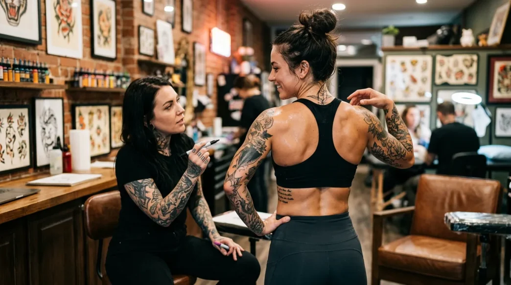 Woman consulting with tattoo artist about spine placement for botanical design in studio setting