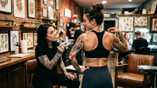 Woman consulting with tattoo artist about spine placement for botanical design in studio setting